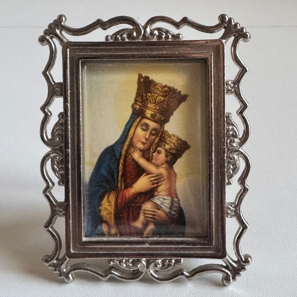 Vintage Miniature Madonna & Child Religious Icon Ornate Silver tone Frame Italy